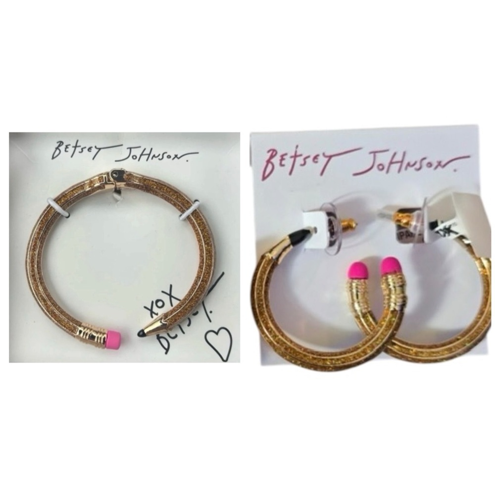 BETSEY JOHNSON SET Back to School Gold Pencil Hinged Bracelet & Earrings NEW NWT